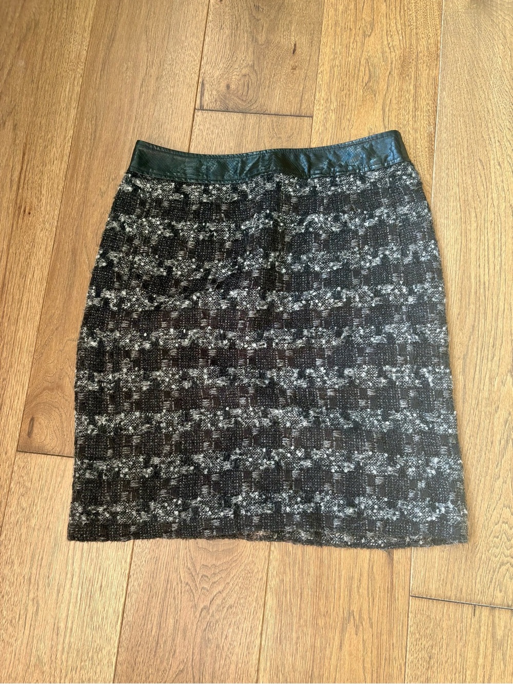 Tory Burch Black and Gray Tweed Pencil Skirt with Faux Leather Waistband